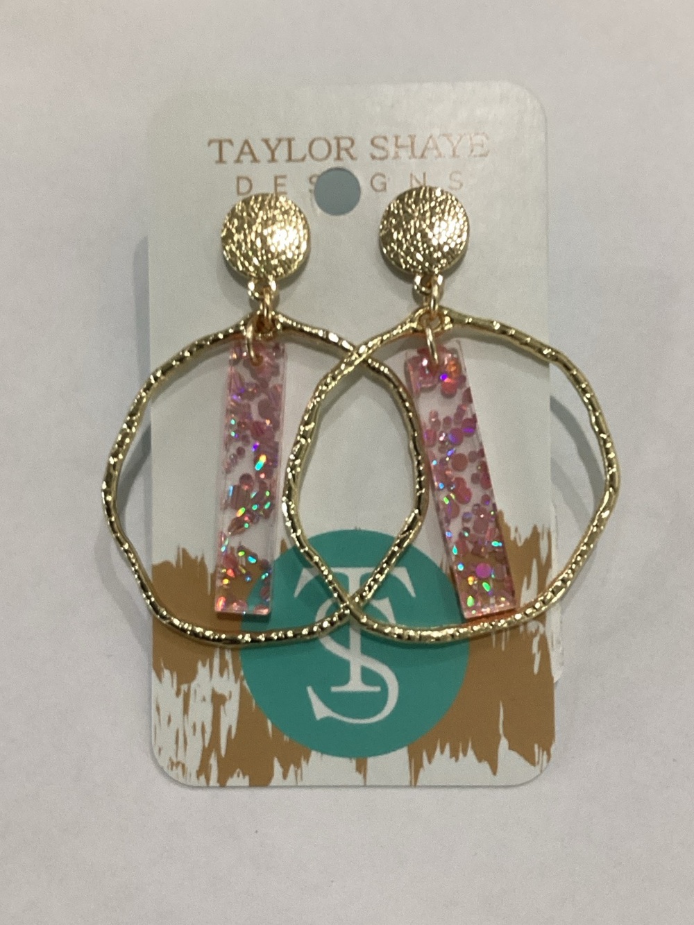 Taylor Shaye Pink Glitter Bar Hoop Earrings with Gold-Tone Accents
